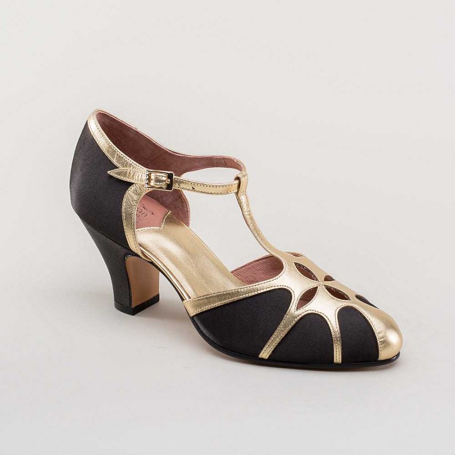 Women American Duchess | Pre-Order Lilith Women'S Vintage Flapper T-Straps Wide (Black/Gold)