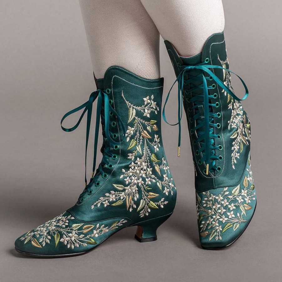 Women American Duchess | Flora Women'S Embroidered Boots (Emerald Green)