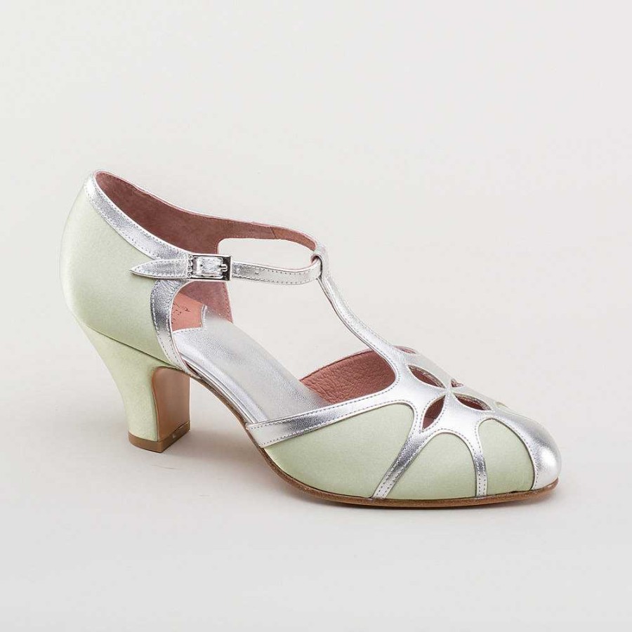 Women American Duchess | Pre-Order Lilith Women'S Vintage Flapper T-Straps Wide (Green/Silver)