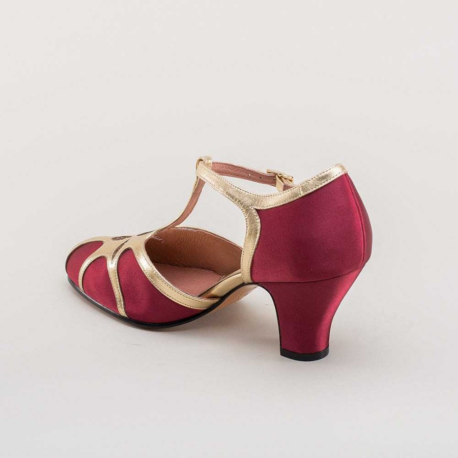 Women American Duchess | Pre-Order Lilith Women'S Vintage Flapper T-Straps Wide (Burgundy/Gold)