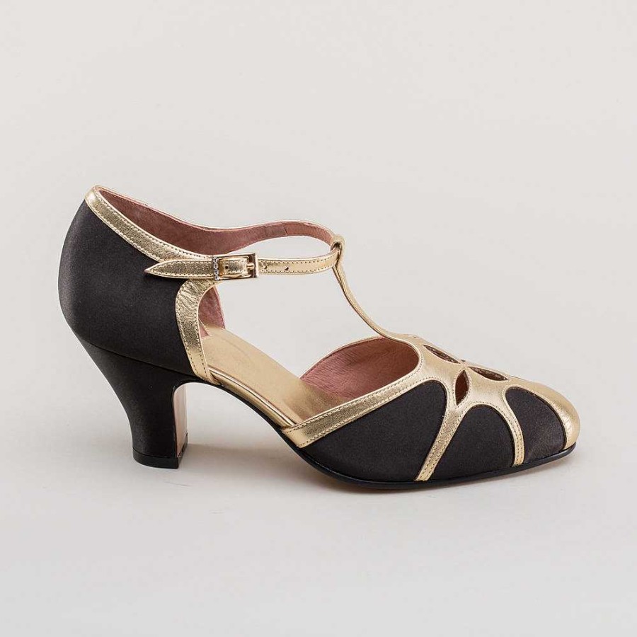 Women American Duchess | Pre-Order Lilith Women'S Vintage Flapper T-Straps Wide (Black/Gold)