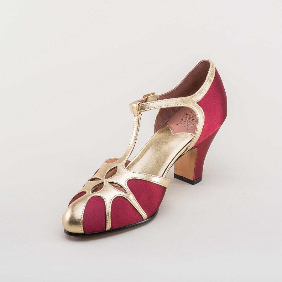 Women American Duchess | Pre-Order Lilith Women'S Vintage Flapper T-Straps Wide (Burgundy/Gold)