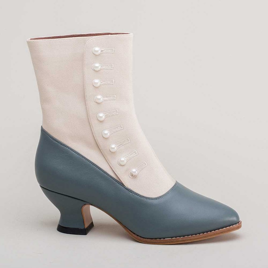 Women American Duchess | Manhattan Women'S Victorian Cloth-Top Button Boots (Ivory/French Blue)