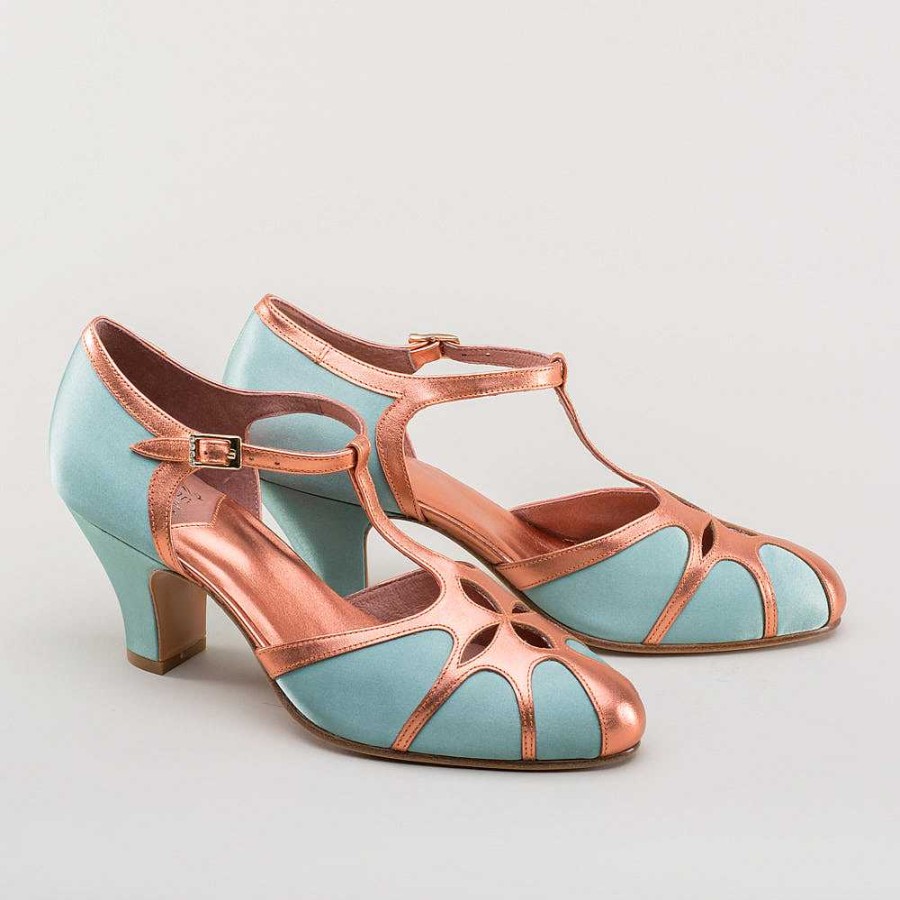 Women American Duchess | Pre-Order Lilith Women'S Vintage Flapper T-Straps Wide (Teal/Copper)